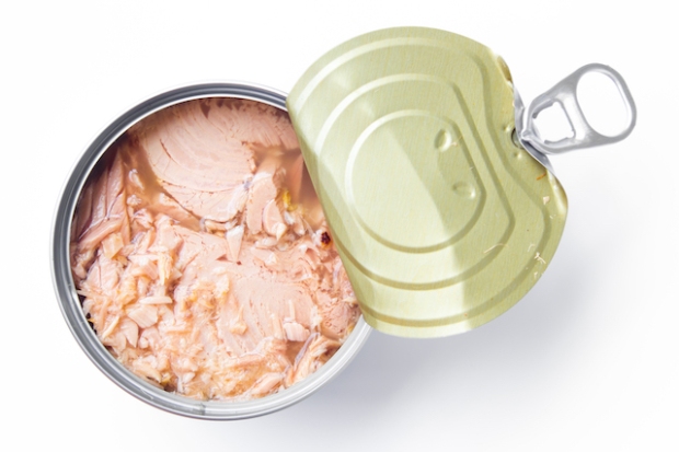 A top down photo of a can of pink salmon with the lid peeled back on a white background