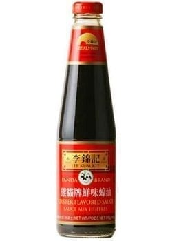 A photo graph of a bottle of oyster sauce on a white background