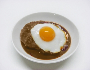 A photo of a white bowl filled with low FODMAP gravy, rice and hamburger topped with a fried egg on a white background