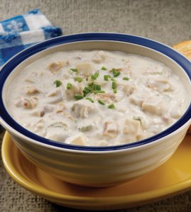 A bowl of New England style clam chowder